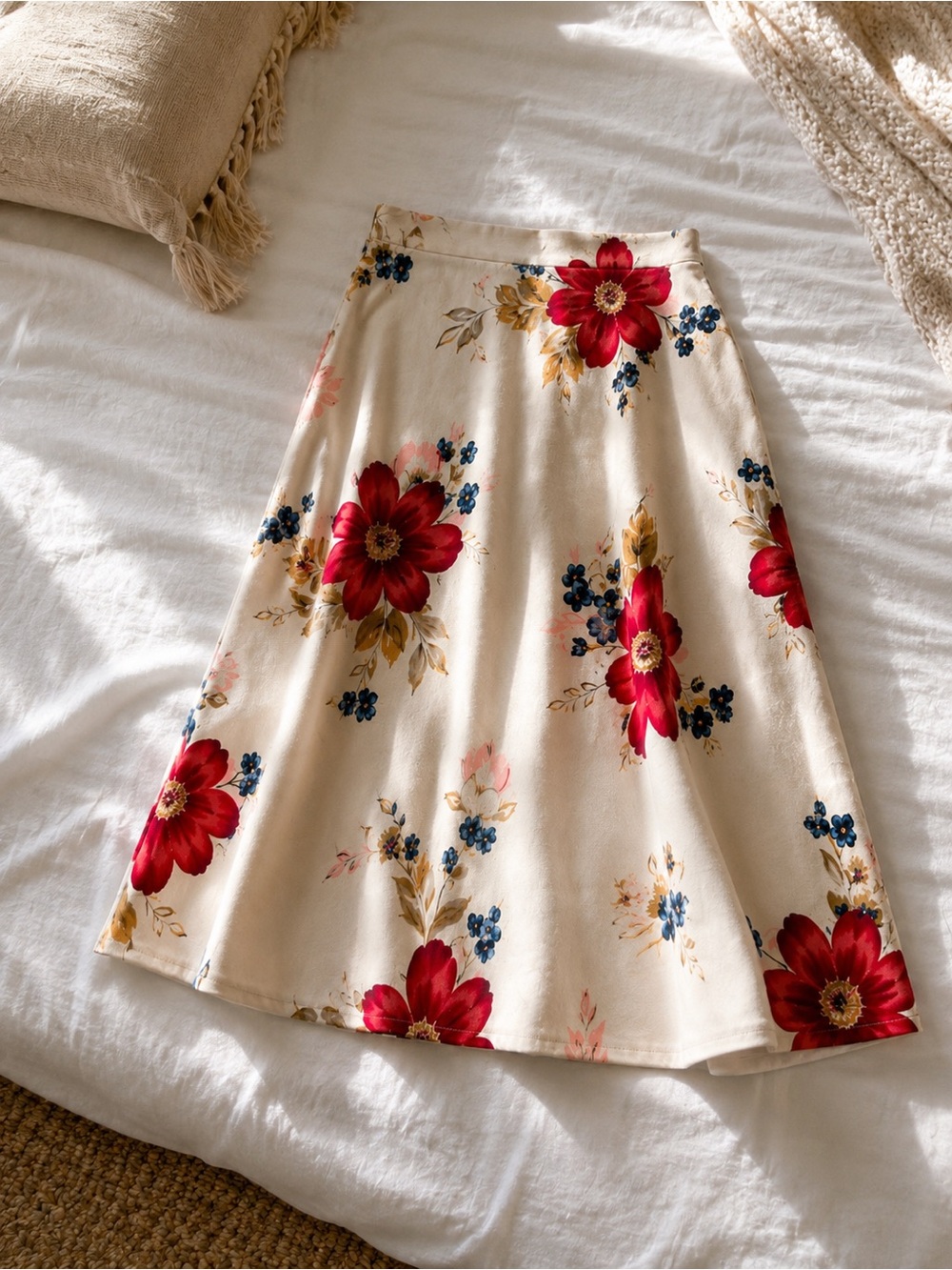 Like New! Floral A-Line Skirt - Red and Cream, Silk Blend, Lined, Gorgeous Fem - Picture 10 of 15